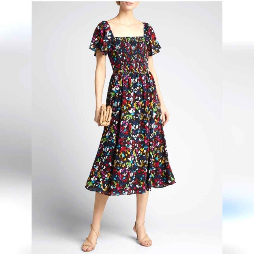 Tanya Taylor Glenda Black Silk Floral Multicolor Midi Dress Size 0X